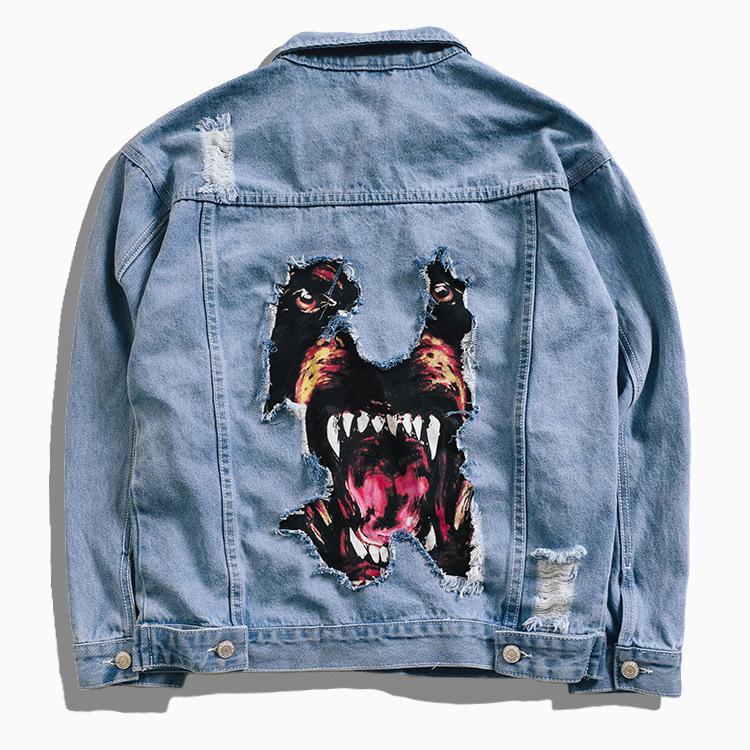 

Denim Jacket Men Hip Hop Streetwear Dog Head Printing Cowboy Ripped Distressed Jean Women Brand Casual, Blue