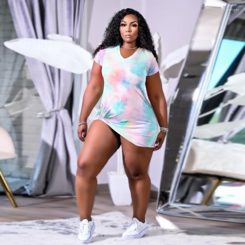 

Plus Size Dresses Women Clothing Wholesale Items Personality Elegant Fashion Tie Dye Print Short Sleeves V-collar Pleated Casual Echm22, D-1