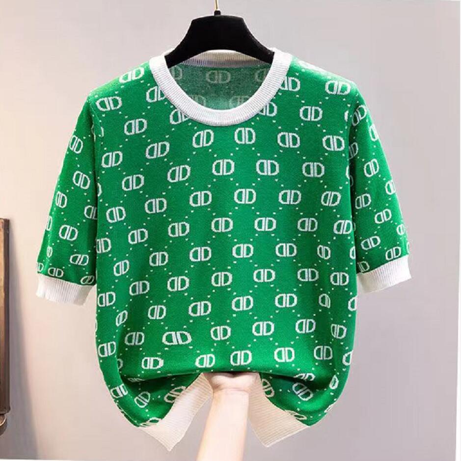 

New Women Summer Short-sleeved Tees O-Neck 100% Cotton Contrast Stitching Pullover T-shirt Casual Knitted Base Ventilate Sweater, Green