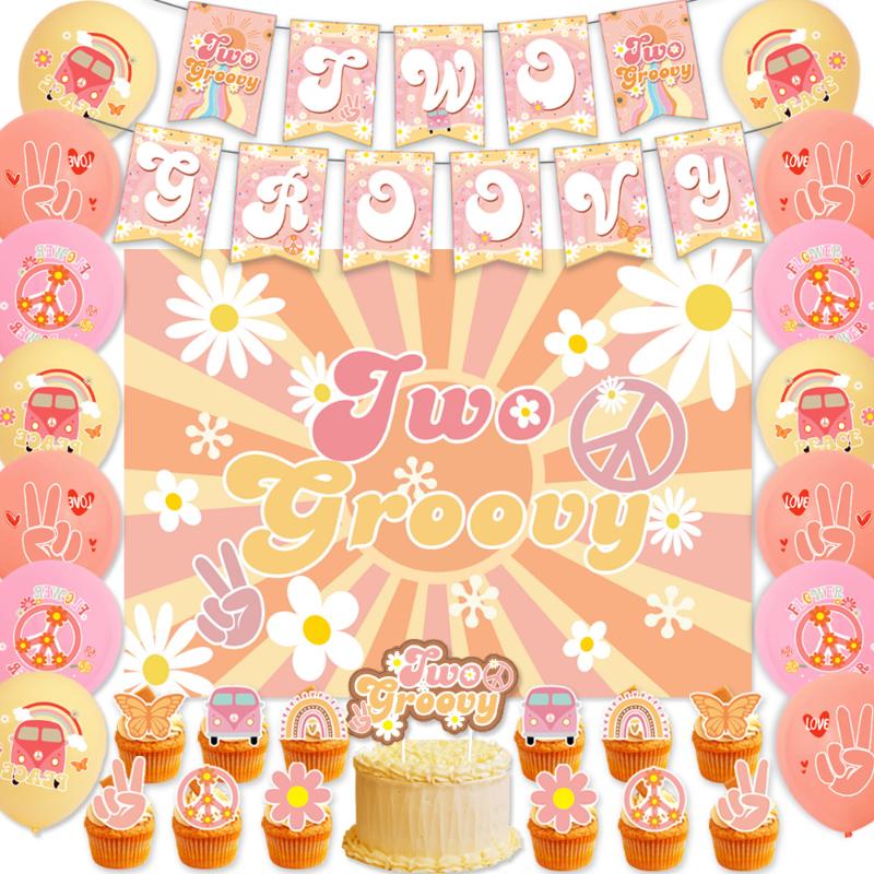 

Party Decoration TWO GROOVY Hippie Boho Daisy Flower Birthday Banner Balloon Cake Insert Row 1 Year Old Baby Shower Decor Kit Supplie