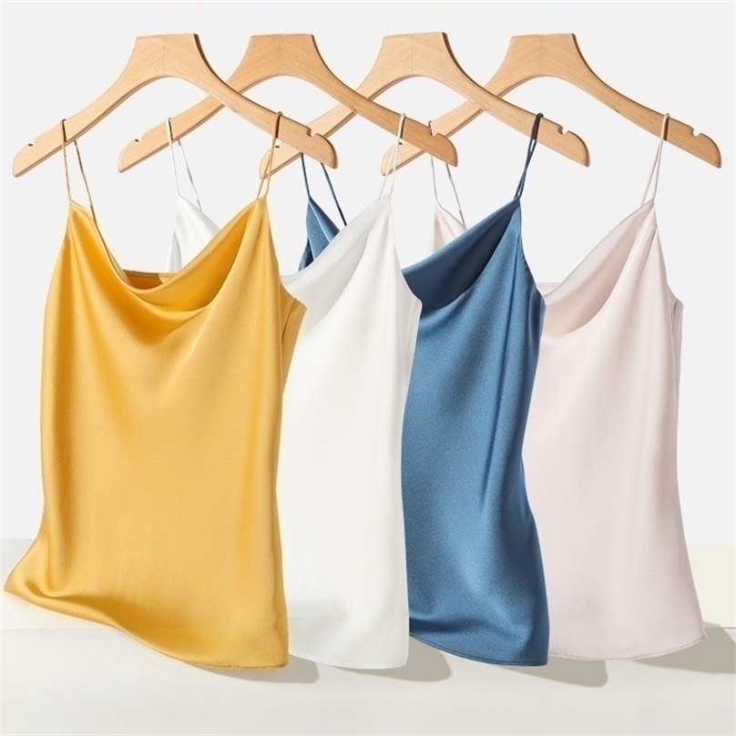 

Crop Top Cami Satin Women Thin Wild Solid Camis Vest Tank Tops Summer Sexy Strap Basic Silk Sleeveless Y2K Camisole 220318, White