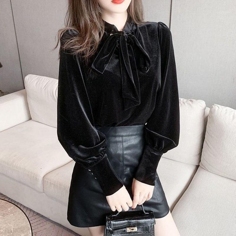 

Women' Blouses & Shirts Lucyever 2022 Autumn Velvet Blouse Top Women Korean Puff Sleeve Bow Lace Up Ladies Black Vintage Pleuche Woman