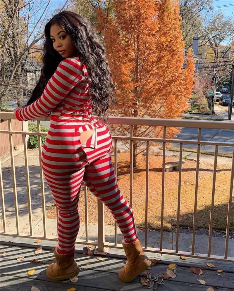 

Imcute Sexy Striped Print Bodycon Jumpsuit Long Sleeve BuFlap Romper Women Clothes Streetwear One Piece Night Club Outfits Women' Jumpsuits