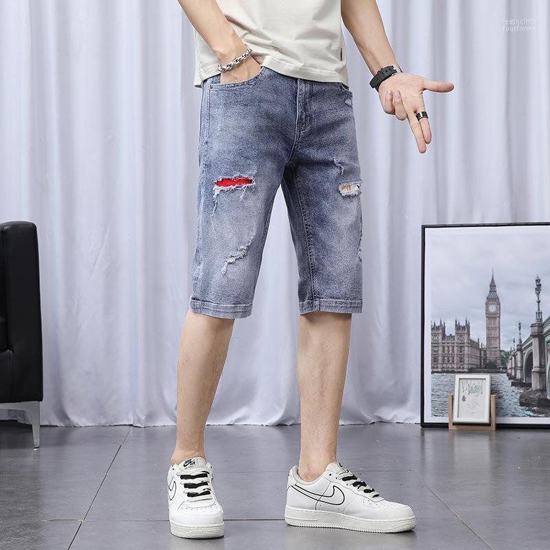 

Men's Jeans Men's Summer Mid Waist Ripped Patch Five Point Denim Shorts Thin Loose Straight Casual PantsMen's Heat22, Light blue