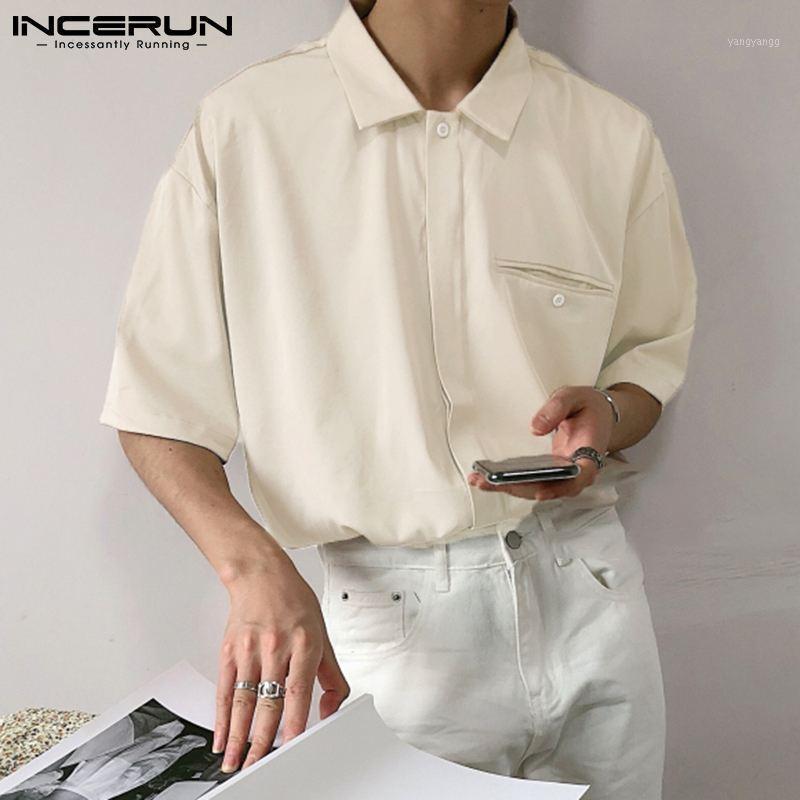 

Solid Color Men Shirt Brand Streetwear Turn Down Collar Short Sleeve Button Korean Tops 2022 Loose Casual Camisas -5XL Men' Shirts, Beige