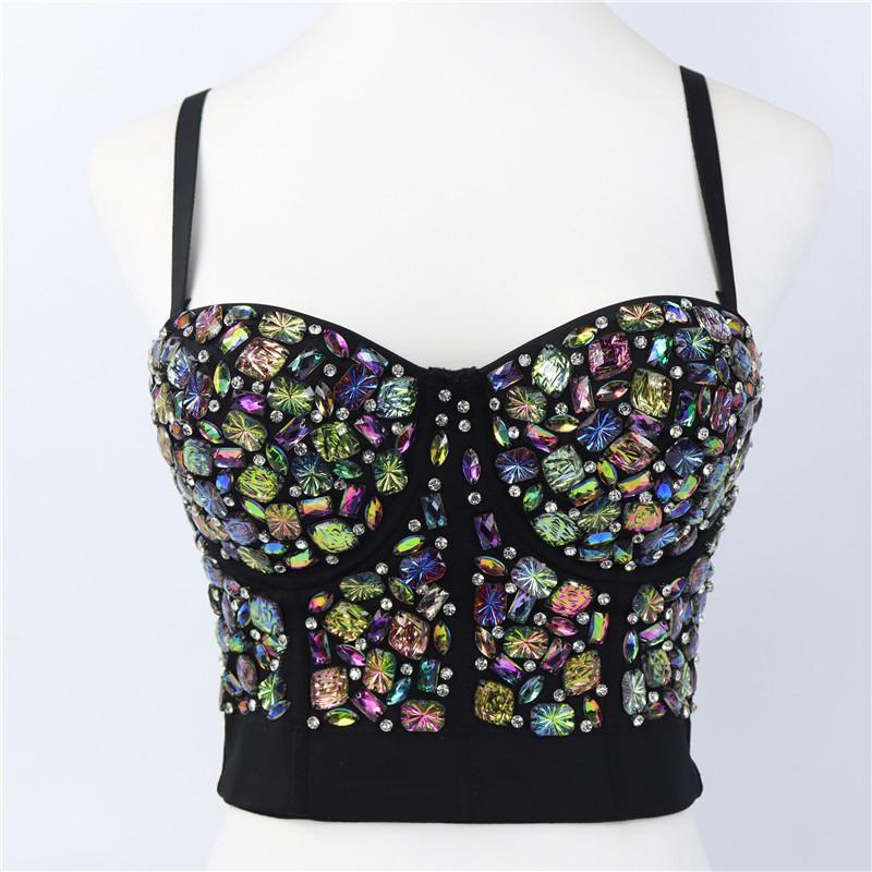 

Women Acrylic AB Colorful Diamond Camisole Beaded Luxury Sexy Crop Top Bustier Bra Night Club Party Tank Tops Y762 Women' Tanks & Camis, Black