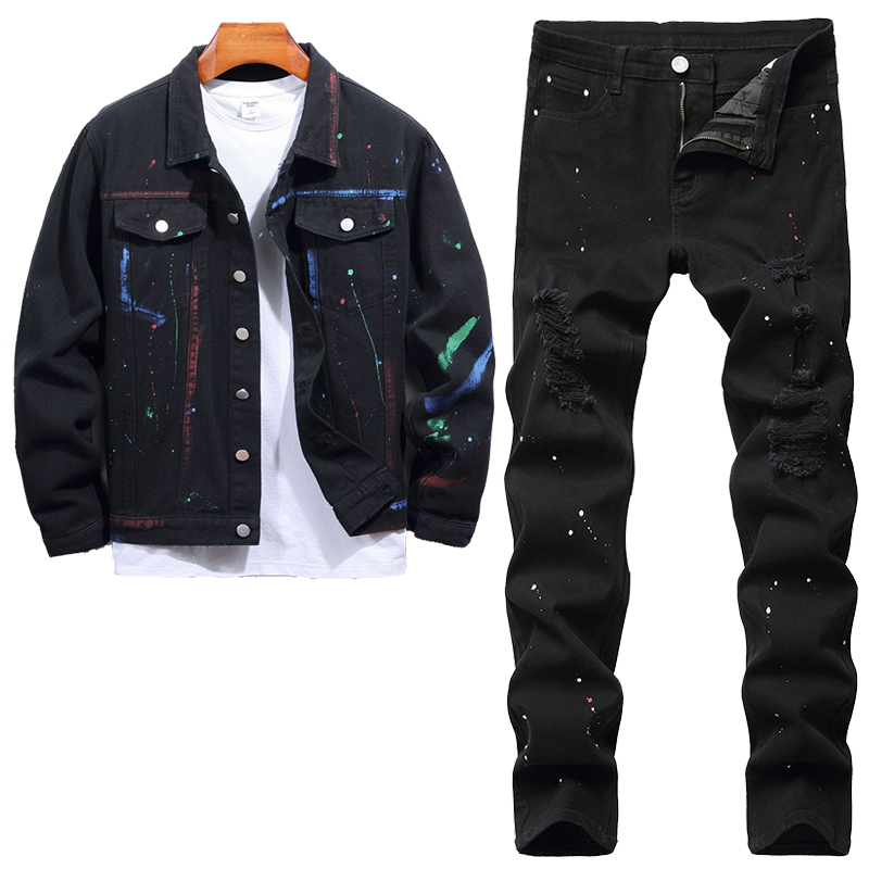 

Black Paint Men's 2pcs Sets Autumn Tracksuits Casual Slim Denim Jacket + Ripped Hole Elastic Jeans Personality Fashion Male Two Piece Set, Jacket and pants 0840.2020
