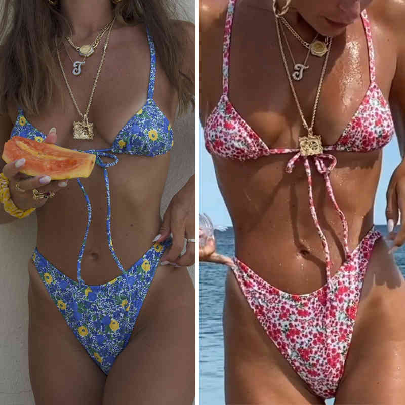 

Rinabe Floral Print Bikini 2021 Biquini String Swimsuit High Cut Bikini Set Bathing Suit Women Swimwear High Waist Bikinis Beach, 02