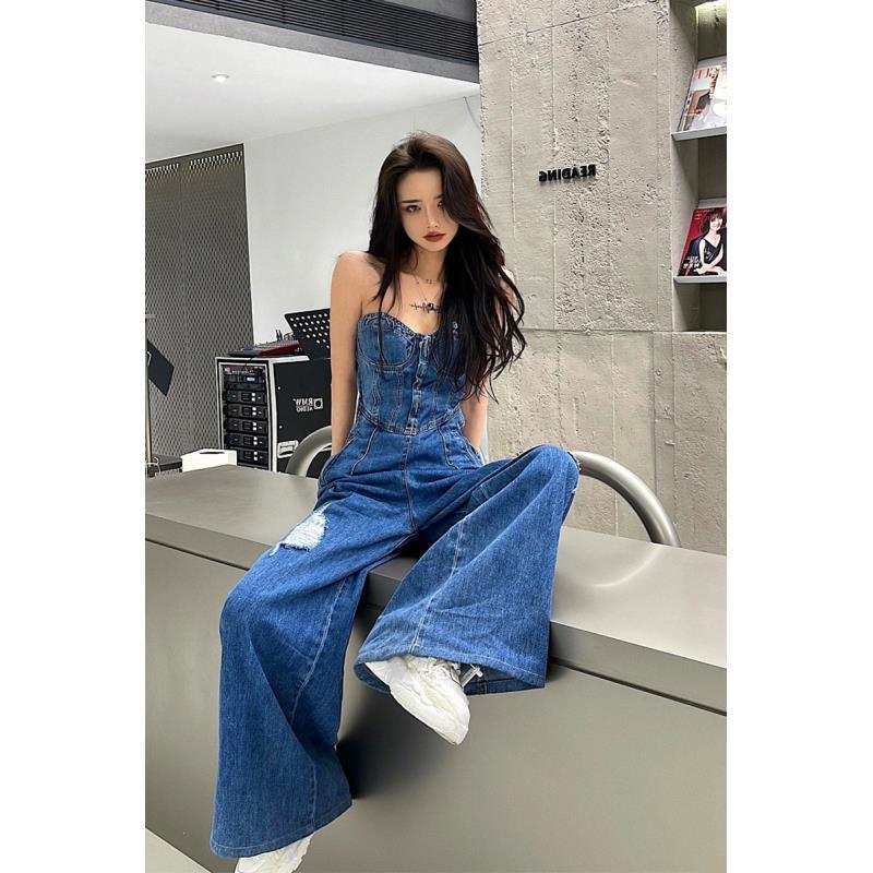 

Women's Two Piece Pants Slightly Fat Girl Sexy Tube Top Denim Jumpsuit Women's Large Size Design High Waist Thin Wide Leg PantsWomen's, Blue