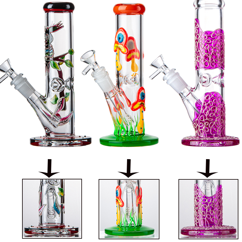 

3D Mushroom Owl Glow In The Dark Multi Options Hookahs Percolator Glass Bong 18mm Female Joint Handcraft Purple Straight Perc Dab Rigs With Diffused Dowstem Bowl