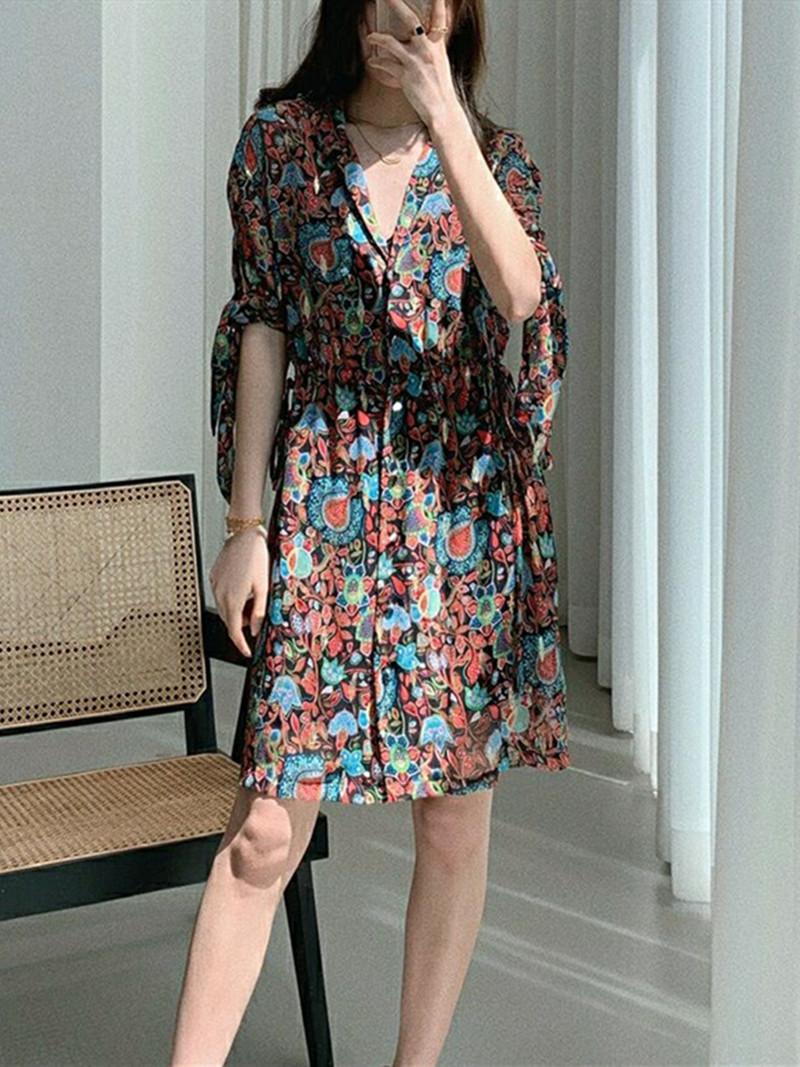 

Party Dresses Women Waist Drawstring Retro Print Midi Dress V-Neck Slim Half Sleeve With Lace-Up 2022 Summer Ladies Long RobesParty