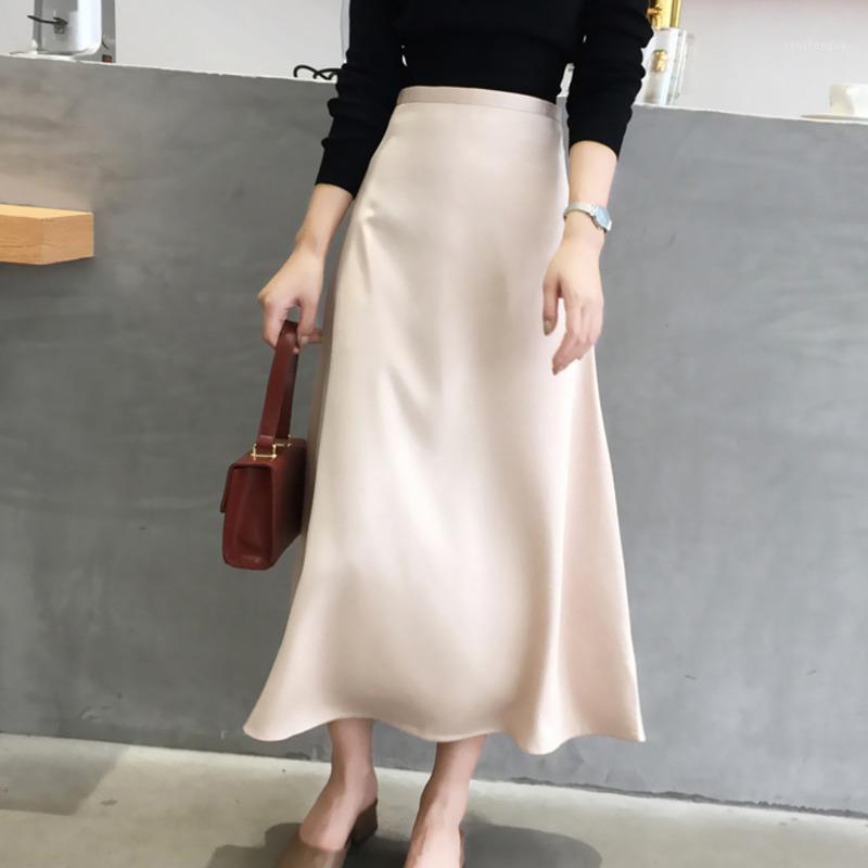 

Skirts High Quality 2022 Summer Women Office Skirt Satin Solid Soft Waist Slim Casual Vintage Bodycon Vestidos, Black