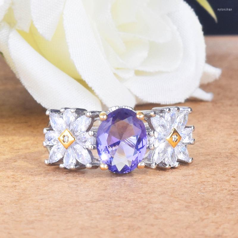 

Wedding Rings Fashion Sunflower Adjustable Ring Inlay Purple Oval Cubic Zirconia Exquisite Women Engagement Banquer Party JewelryWedding