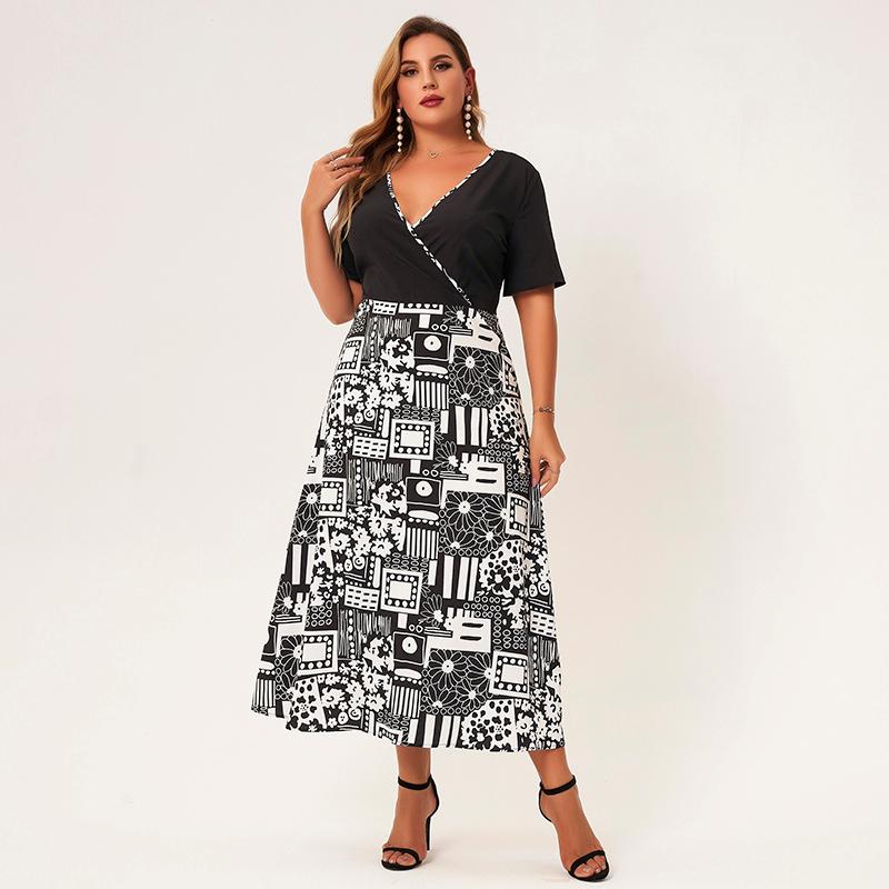 

Plus Size Dresses 2022 Summer Dress Women Black Patchwork Vintage Floral Geometric Print V-neck Short Sleeve Midi Long
