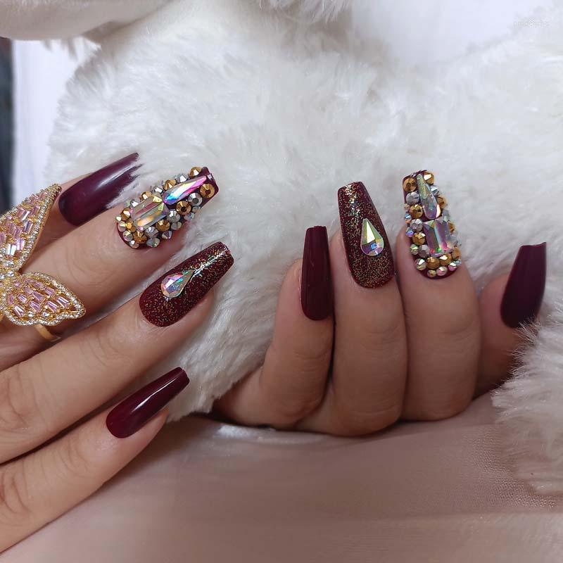 

False Nails 24pcs Latest Candy Ballet Handmade Crystal Diamond Fake Sexy Vampire Color Prud22, 1 set