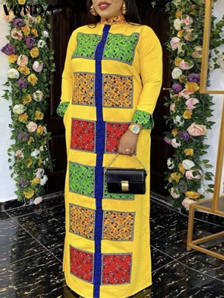 

Elegant Maxi Dress VONDA Women Long Sleeve Vintage Printed Holiday Party Casual Vestidos Oversized Sundress Femme 4 220721, Yellow