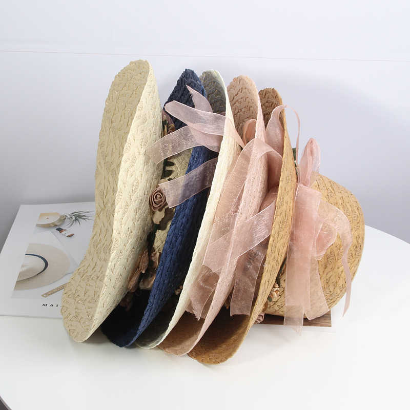 

2022 Hot Summer New Women'S Sun Hat Bucket Cap Beige Lace Bowknot Flowers Ribbon Flat Top Straw Hat Beach Caps Panama, Pink