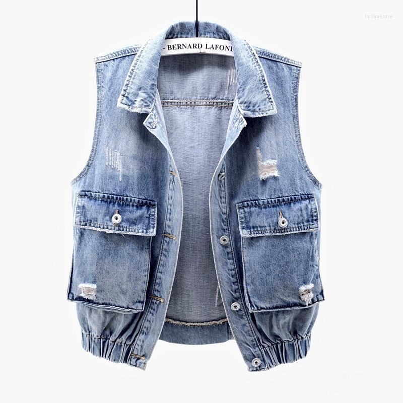 

Women' Vests Denim Vest Women Summer Casual Big Pocket Holes Jeans Female Slim Waistcoat Elastic Waist Short Sleeveless Jacket Coat Luci22, Blue