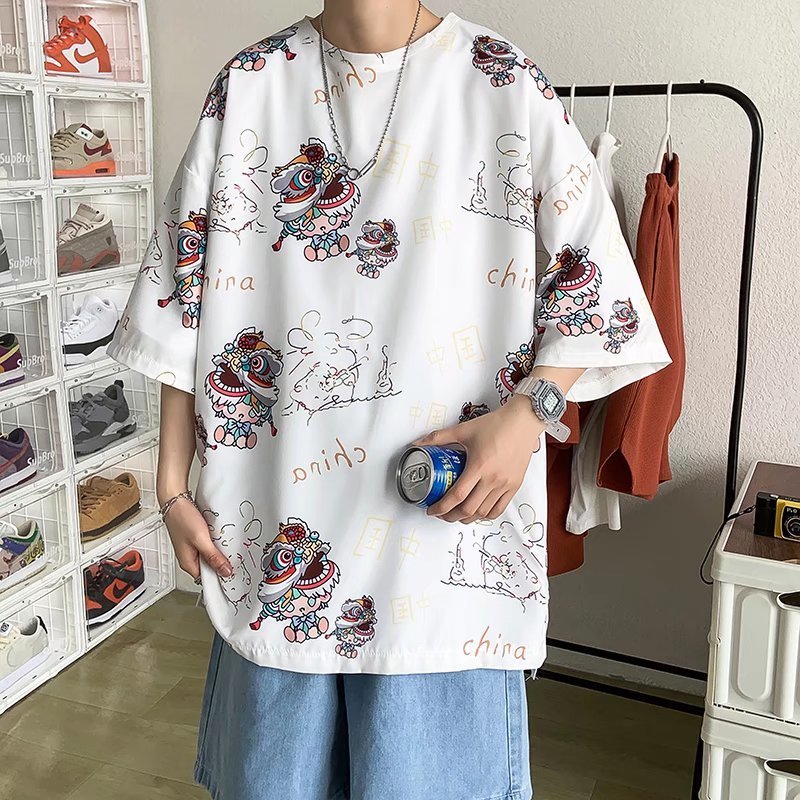 

Printing Lion Men T Shirt 2022 Summer New Anime Graffiti Cartoon Male Clothing Harajuku Casual Cute Loose Oversized WomenTop 0615, Black
