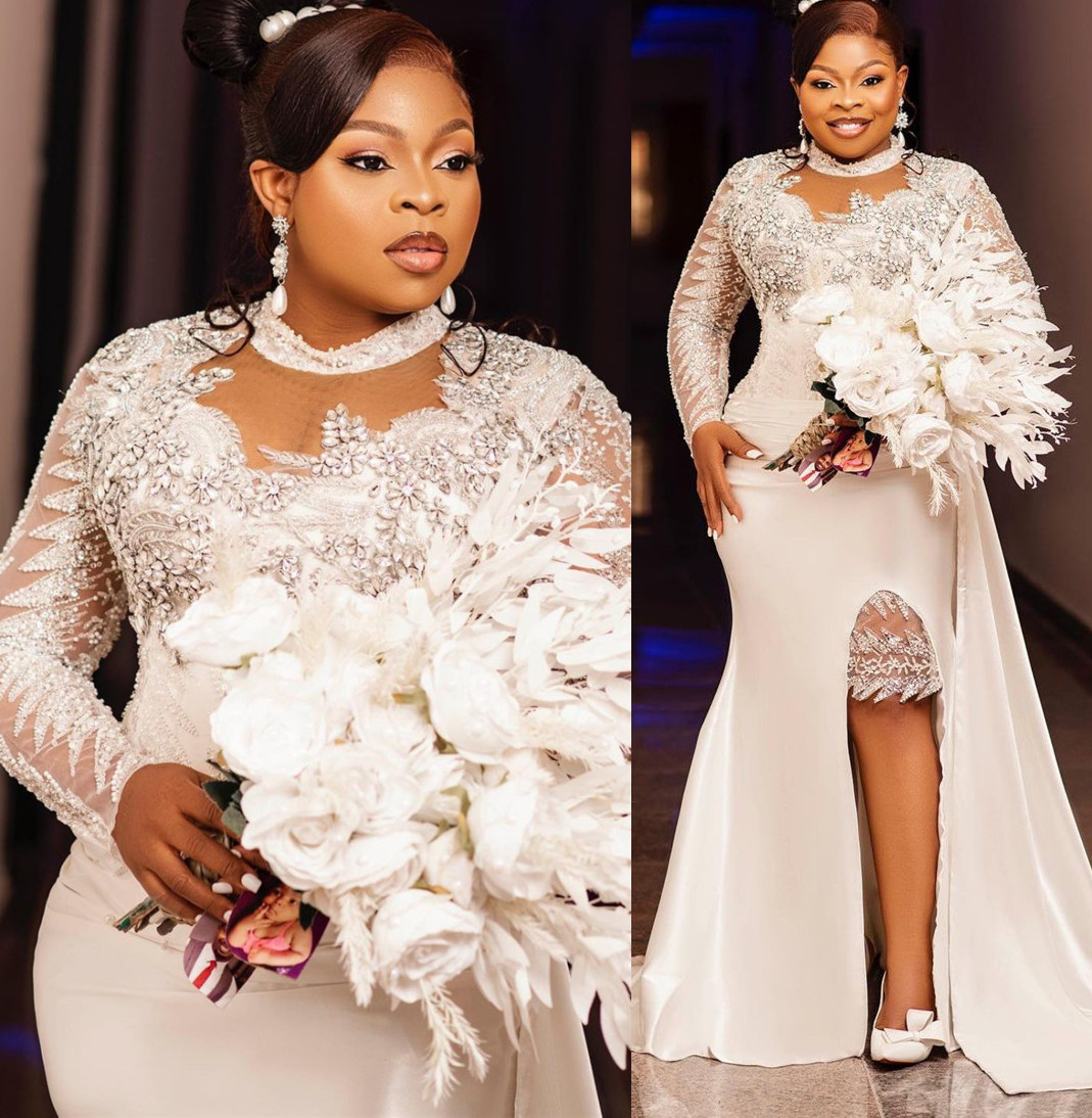 

2022 Plus Size Arabic Aso Ebi Luxurious Mermaid Sexy Wedding Dress High Neck Lace Beaded Crystals Bridal Gowns Dresses ZJ335, Red & white