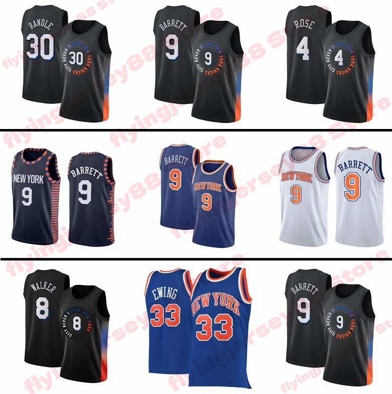 

New RJ York Julius 30 Randle 9 Barrett Derrick Rose Kemba Walker Black 4 8 Knick Jersey 33 Patrick Ewing Mens 2021 NEW City Basketball Jerseys, Mens jerseys