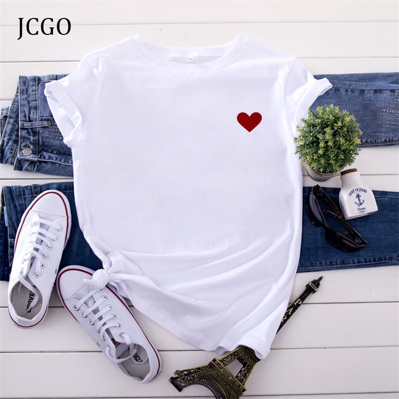 

JCGO Summer Cotton Women Heart Print T Shirt S-5XL Plus Size Short Sleeve Tees Tops Casual Simple O-Neck Female TShirts 220321, Yellow 1
