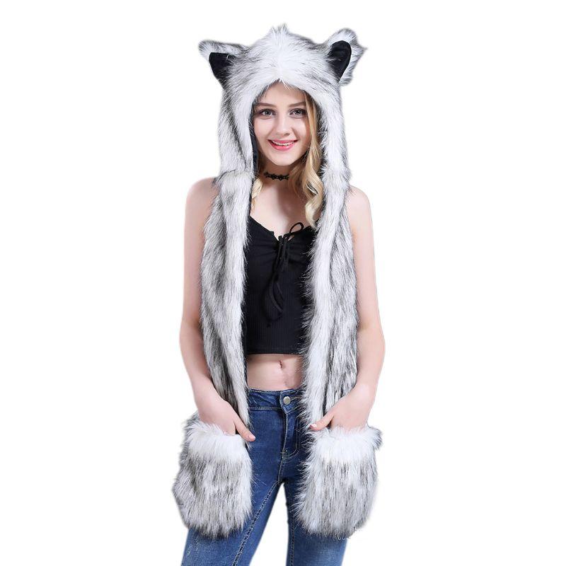 

Scarves 3 In 1 Women Men Fluffy Plush Animal Wolf Leopard Hood Scarf Hat With Paws Mittens Gloves Thicken Winter Warm Earflap Bomber Cap