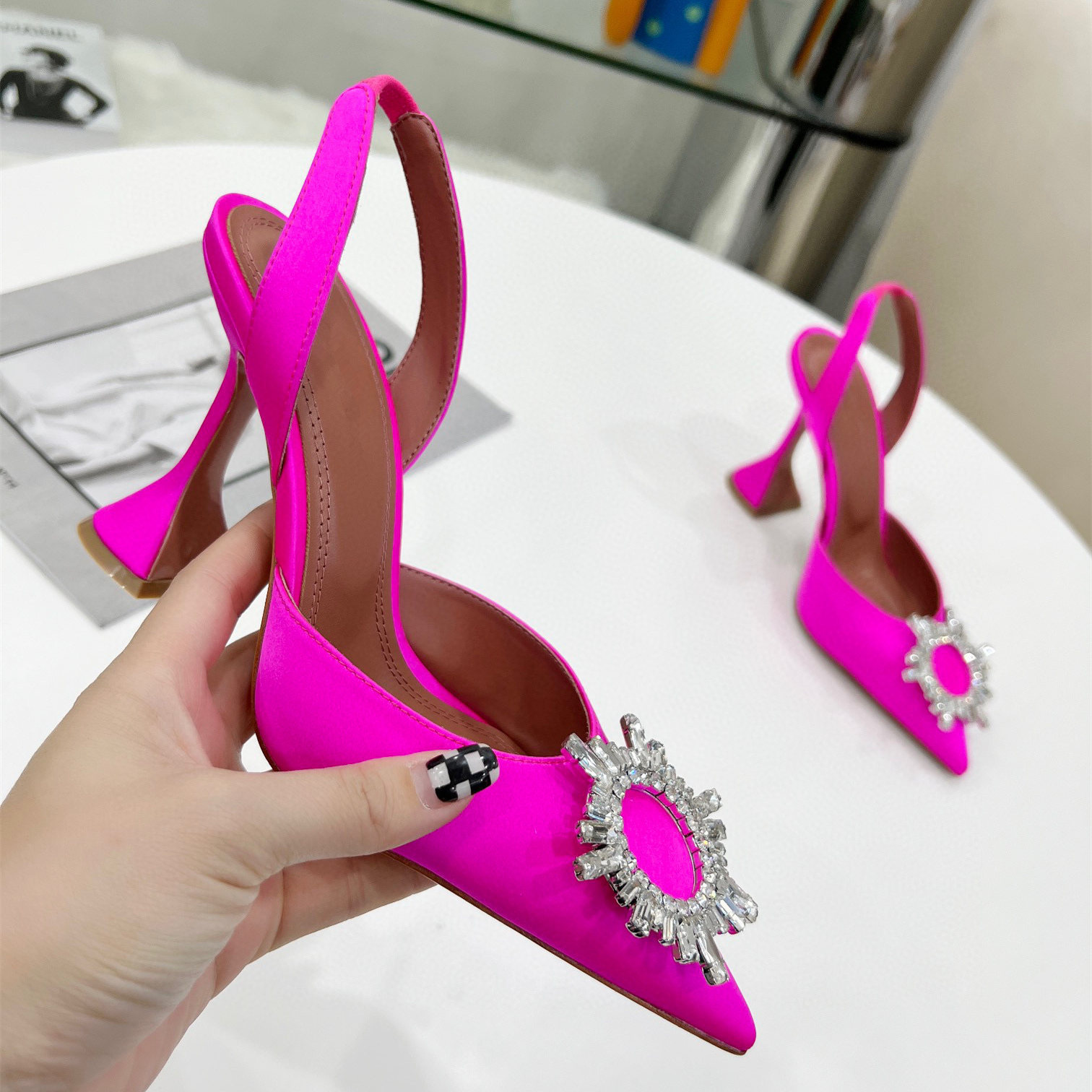 

Casual Designer Fashion Women Sandals Shoes Fucsia Satin Crystal Genuine Leather Pointy Toe High Heels Slingback Sandalias Zapatos Mujer, Color 2