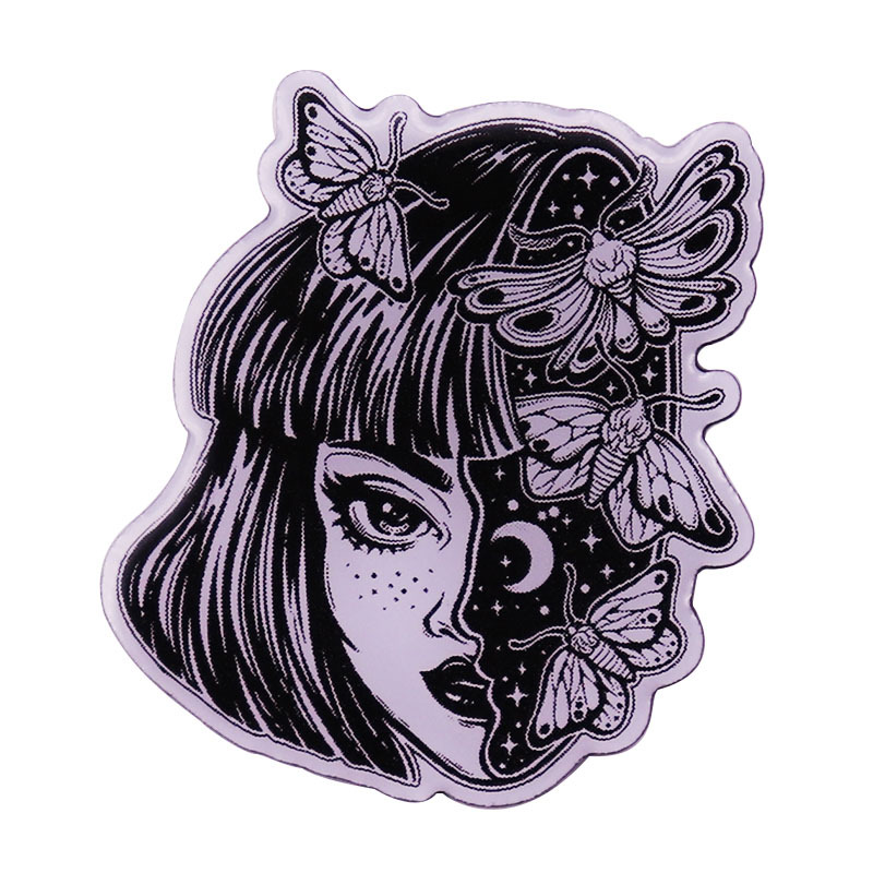 

Magic Girls Head As Sky Full of Moth Butterflies Enamel Pin Brooch Horror Anime Badge Gothic Punk Jewelry Accessory, As picture