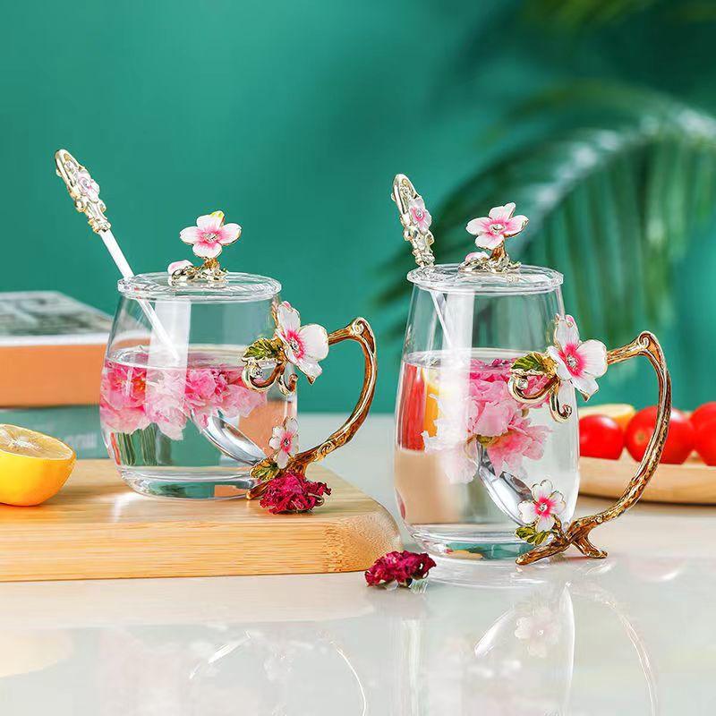 

Mugs Creative Enamel Color Mug Original Coffee Cups Heat-resistant Glass Ins Style Flower Tea Cup With Lid Drinkware, No 02