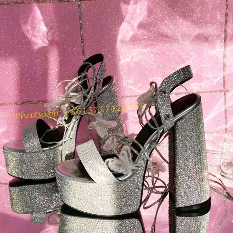 

Sandals Platform Crystal Chunky Heels With Bow Cross-Strap Bling Elegant Glitter Silver Women Summer Butterfly ShoesSandals