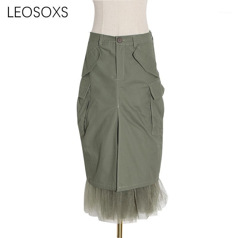 

Skirts Celebrity Dresses Streetwear Patchwork Mesh Skirt For Women High Waist Pocket Casual Female Spring Fashion Clothing, Army green