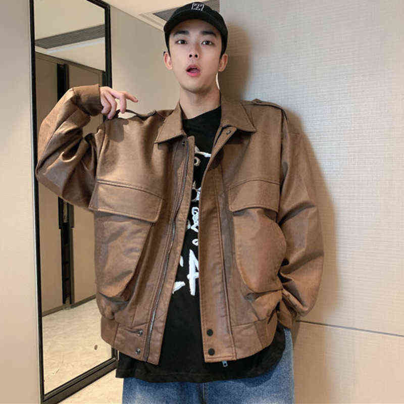

Brown Lapel PU Leather Jacket Men Korean Fashion Autumn Winter Vintage Coat Loose Male Outwear Young Black Faux Leather Jackets T220728, Light brown