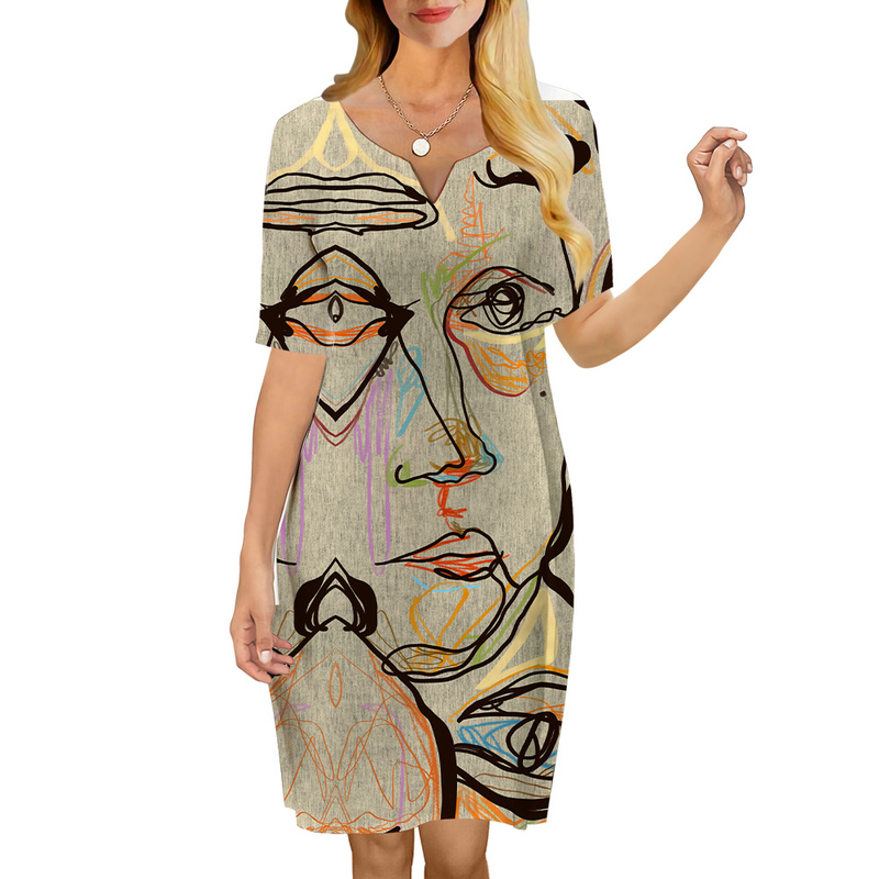 

Women Dress Face Art Painting 3D Printed VNeck Loose Casual Short Sleeve Shift Dress for Female Dresses Gothic Dress 220616, Short sleeve dress-1