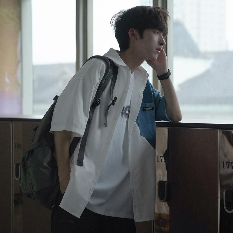 

Men' Casual Shirts Summer Fashion Men Short-sleeved Korean Version Loose Denim Stitching Japanese Boutique ClothingMen, White