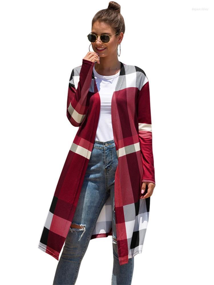 

Women' Knits & Tees Autumn Winter Plaid Thin Knitted Long Cardigan Women Sleeve Plus Size Vintage Cardigans Female Knit Coat Depe22, Black