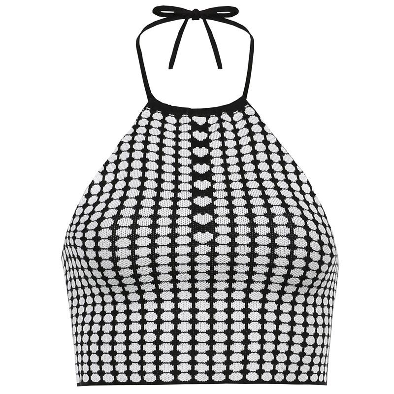 

Women' Tanks & Camis Summer Sexy Slim Backless Round Neck Halter Plaid Short Bottoming Top, Black