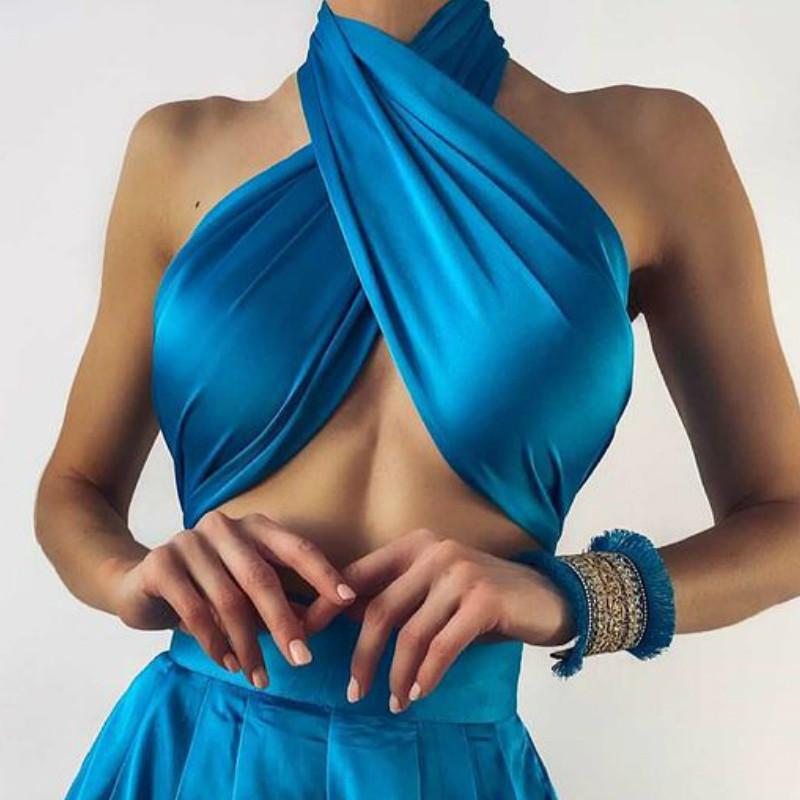 

Women's Tanks & Camis Slim Fit Tank Tops Summer Women Solid Off Shoulder Vest Club Street Sexy Ladies Satin Crop Cross Halter Backless High, Black