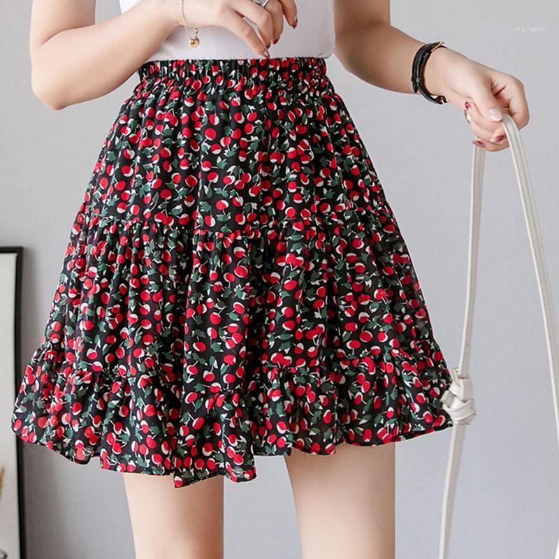 

Skirts Summer High Waist Prppy Style Ball Gown Pleated Short Womens 2022 Elastic Floral Print Chiffon Laides Skirt, Flower 1