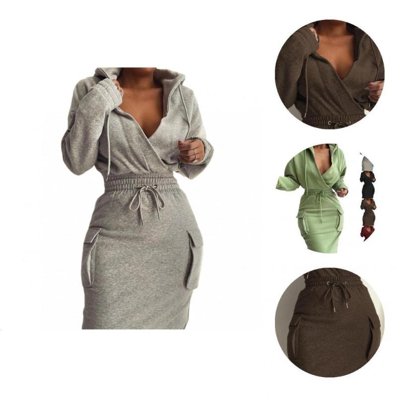 

Two Piece Dress 1 Set Women Blouse Skirt Drawstring Short Pullover Pure Color Hoodie Hip Wrap, Black