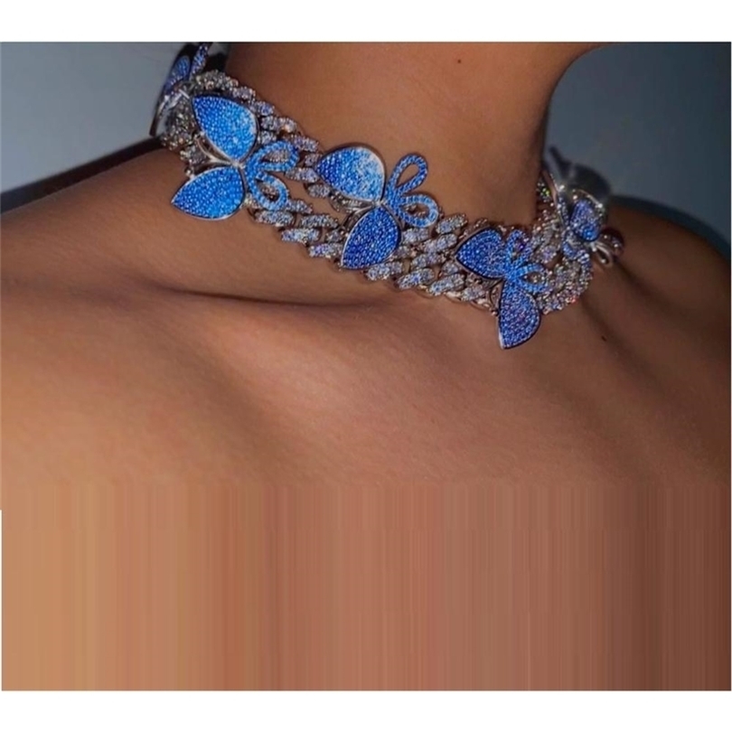 

new arrived big heavy women cuban chain iced out bling 5A 12mm cz cuban blue butterfly necklace 201222