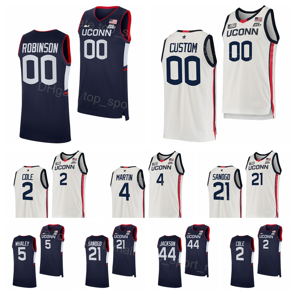 

NCAA Basketball College UConn Huskies Jersey Men 2 RJ Cole 21 Adama Sanogo 4 Tyrese Martin 5 Isaiah Whaley 12 Tyler Polley 44 Andre Jackson Stitched Navy Blue White