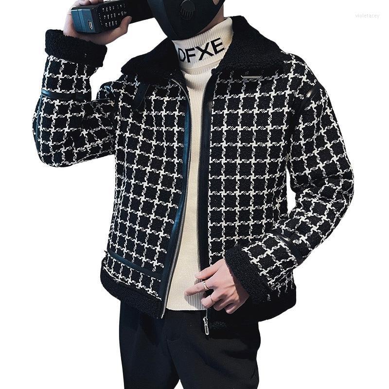 

Men's Wool & Blends Woolen Coat Winter Casual Fashion Slim Lapel One Velvet Thick Plaid Jacket Autumn Viol22, Black