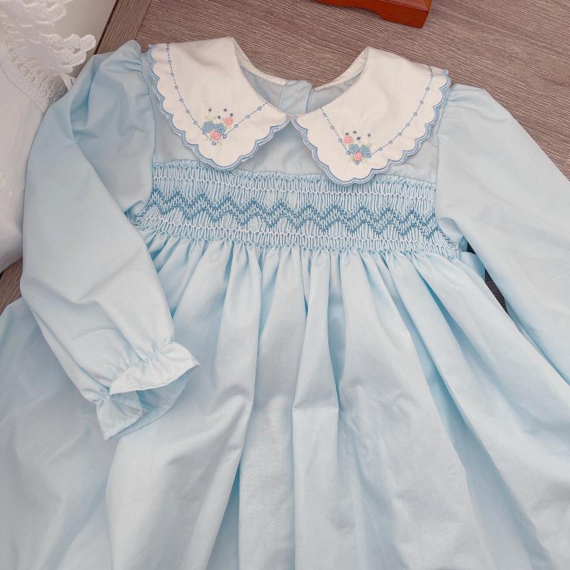 

Girl's Dresses Little Girls Autumn Winter Long Sleeve Handmade Smocked Blue Christmas Dress Spanish Boutique For Birthday Party Wedding Casu, As pic