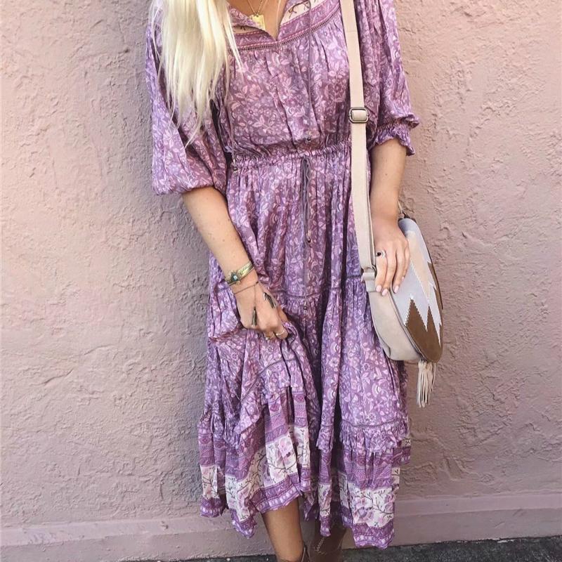 

Casual Dresses Happie Queens Women Long Sleeve Lace Patchwork Floral Print Beach Bohemian Midi Dress Ladies Tassel Loose Rayon Boho Sundress, As pic
