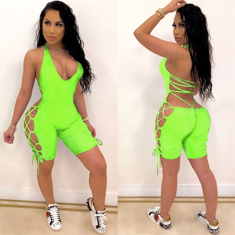 

BKLD Solid Skinny Spaghetti Strap Halter Women Rompers Bodycon Jumpsuit Women Summer 2020 Bandage Backless Playsuits Clubwear T200704, Neon green