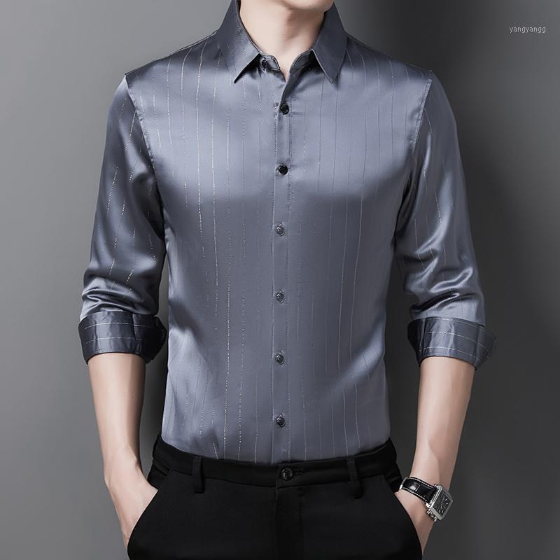 

Gray Silk Shirt Male Burgundy Stripe Elegant Large Size Office Dress Casual Gentleman Korean Fashion Men's Shirts, Blue
