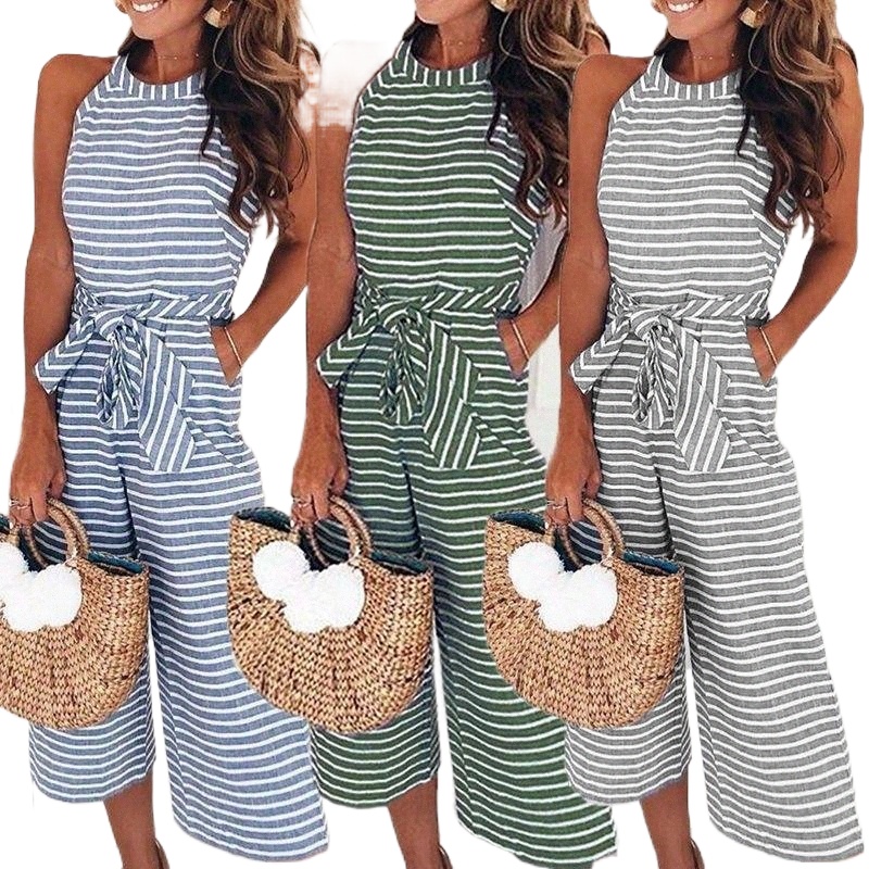 women's Jumpsuits & Rompers Casual Striped Playsuit O Neck Bandage Combishort Femme Sleeveless Womens Jumpsuit Ropa Verano Mujer 2021 H691#-image-790031811