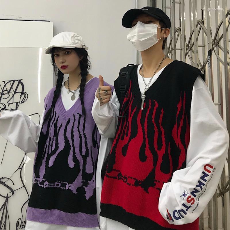

Men's Vests Hip Hop Men Vest Brand Flame Print Spring Korean Loves Sweater Knitted Women Clothing Casual Oversized Jumper Knit Cotton Guin22, Purple
