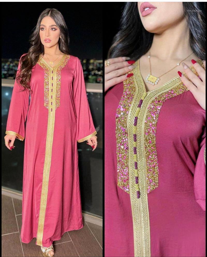 

Casual Dresses Ramadan Eid Pink Maxi Dress For Women Modest Muslim Turkey Arabic Dubai Diamond Ribbon V Neck Long Sleeve Jalabiya 2022, Pink dress